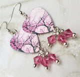 Cherry Blossom Tree Guitar Pick Earrings with Pink Swarovski Crystal Dangles