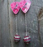 Cherries and Hearts Guitar Pick Earrings with Striped Rhinestone Studded Bead Dangles