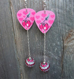 Cherries and Hearts Guitar Pick Earrings with Striped Rhinestone Studded Bead Dangles