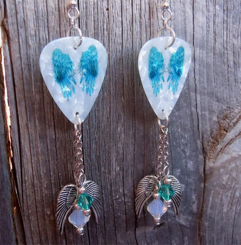 Blue Wings on White MOP Guitar Pick Earrings with Silver Charm and Swarovski Crystal Dangles