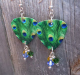 Peacock Guitar Pick Earrings with Swarovski Crystal Dangles