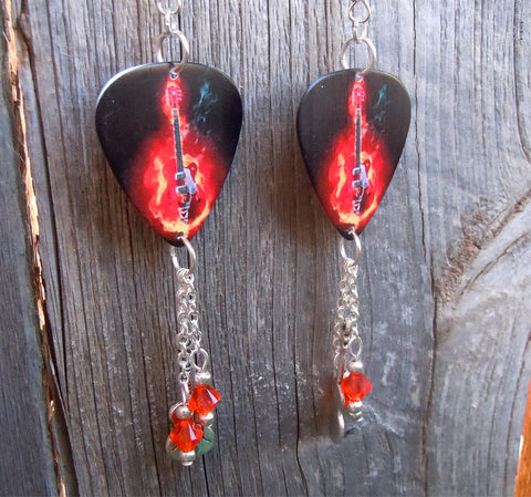 Guitar of Flames Guitar Pick Earrings with Crystal and Charm Dangles