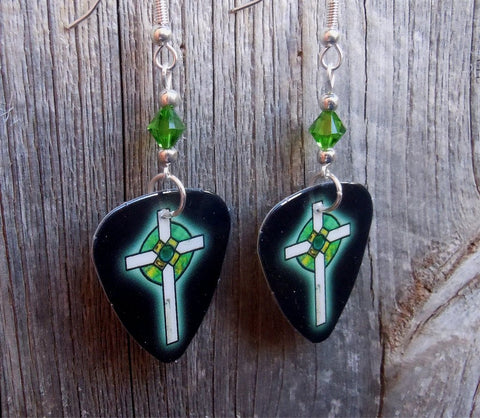 Black with Green Crosses Guitar Pick Earrings with Green Swarovski Crystals
