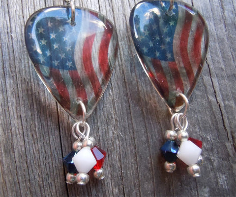 Transparent American Flag Guitar Pick Earrings with Swarovski Crystal Dangles