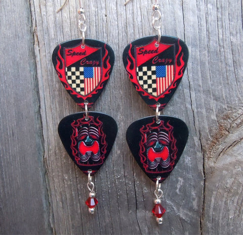 Car Racing Double Guitar Pick Earrings with Red Swarovski Crystals