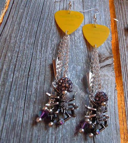 Yellow Guitar Pick Earrings with Spiders, Spikes, and More Dangles