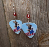 Bald Eagle on Top of American Flag Guitar Pick Earrings with Red Swarovski Crystals