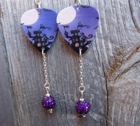 Spooky House Guitar Pick Earrings with Purple Pave Bead Dangles