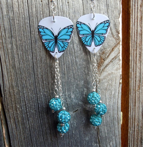 Aqua Blue Butterfly Guitar Pick Earrings with Aqua Pave Bead Dangles