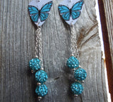 Aqua Blue Butterfly Guitar Pick Earrings with Aqua Pave Bead Dangles