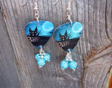 Haunted House Halloween Party Guitar Pick Earrings with Aqua Blue Pave Beads