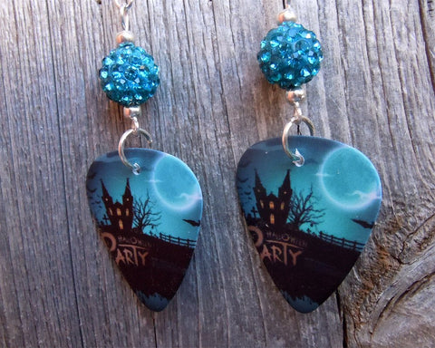 Haunted House Halloween Party Guitar Pick Earrings with Teal Pave Beads