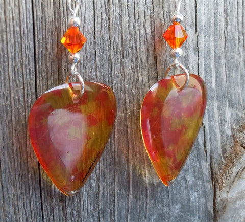 Transparent Orange and Yellow Autumn Leaves Guitar Pick Earrings with Fire Opal Swarovski Crystals