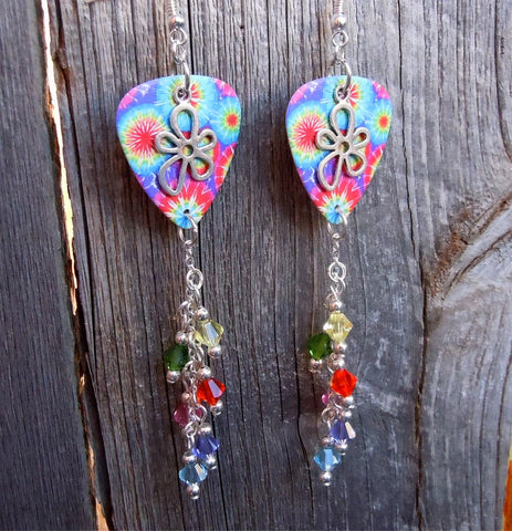 Tie Dye with Flower Charm Guitar Pick Earrings with Crystal Dangles