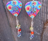 Tie Dye with Flower Charm Guitar Pick Earrings with Crystal Dangles