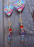 Tie Dye with Flower Charm Guitar Pick Earrings with Crystal Dangles