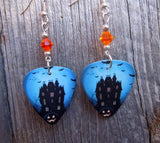 Haunted House Guitar Pick Earrings with Orange Swarovski Crystals