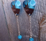 Haunted House Halloween Party Guitar Pick Earrings with Long Teal Pave Bead Dangles