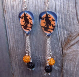 Witch on Broomstick Guitar Pick Earrings with Pave Bead and Charm Dangles