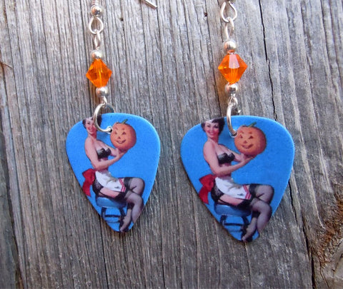 Pin Up Girl with Jack o' Lantern Guitar Pick Earrings with Orange Swarovski Crystals