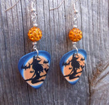 Witch on Broomstick Guitar Pick Earrings with Orange Pave Beads
