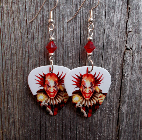Evil Clown Guitar Pick Earrings with Red Swarovski Crystals