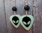 Glow in the Dark Alien Head Guitar Pick Earrings with Black Pave Beads
