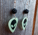 Glow in the Dark Alien Head Guitar Pick Earrings with Black Pave Beads