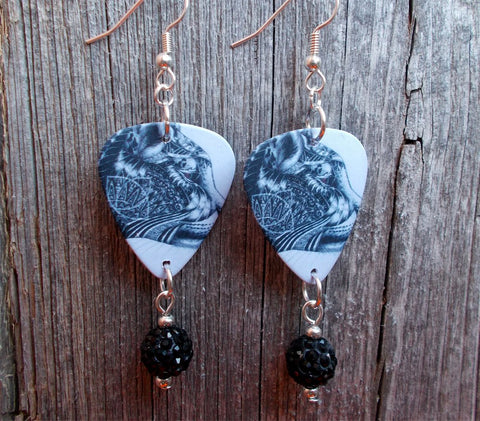 Cougar Guitar Pick Earrings with Black Pave Bead Dangles