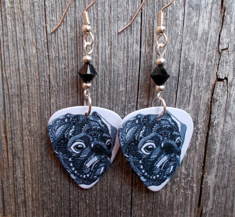 Pug Guitar Pick Earrings with Black Swarovski Crystals