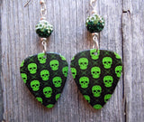 Bright Green Skull Guitar Pick Earrings with Green Ombre Pave Beads