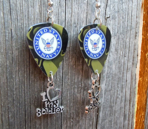 Navy Insignia Camo I Love My Soldier Guitar Pick Earrings