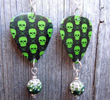 Bright Green Skull Guitar Pick Earrings with Green Ombre Pave Bead Dangles
