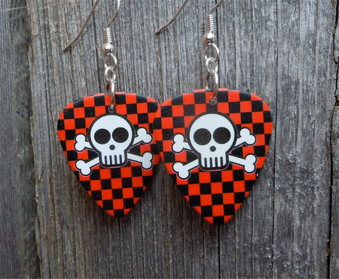 Skull and Crossbones on Checkered Background Guitar Pick Earrings