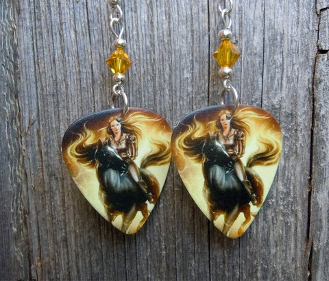Woman Riding a Horse Guitar Pick Earrings with Yellow Swarovski Crystals