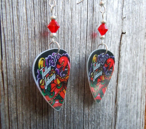 Tattoo Johnny Old School Tattoo Style Snake Guitar Pick Earrings with Red Swarovski Crystals