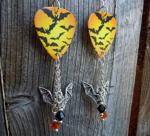 Flying Bats Guitar Pick Earrings with Bat Charm and Swarovski Crystal Dangles