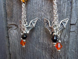 Flying Bats Guitar Pick Earrings with Bat Charm and Swarovski Crystal Dangles