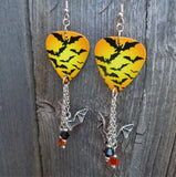 Flying Bats Guitar Pick Earrings with Bat Charm and Swarovski Crystal Dangles