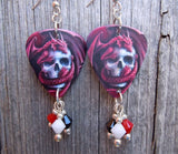 Red Dragon Wrapped Around A Skull Guitar Pick Earrings with Swarovski Crystal Dangles