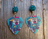 Gameboy Kid Guitar Pick Earrings with Teal Pave Beads
