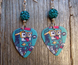 Gameboy Kid Guitar Pick Earrings with Teal Pave Beads