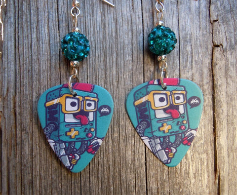 Gameboy Kid Guitar Pick Earrings with Teal Pave Beads