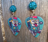 Gameboy Kid Guitar Pick Earrings with Teal Pave Beads