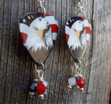 Bald Eagle on American Flag Guitar Pick Earrings with Swarovski Crystal Dangles