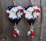 Bald Eagle on American Flag Guitar Pick Earrings with Swarovski Crystal Dangles