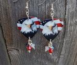 Bald Eagle on American Flag Guitar Pick Earrings with Swarovski Crystal Dangles