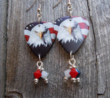 Bald Eagle on American Flag Guitar Pick Earrings with Swarovski Crystal Dangles