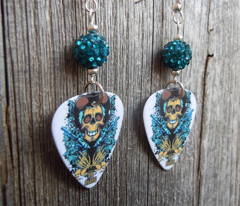 Cowboy Skull with Guns Guitar Pick Earrings with Teal Pave Beads