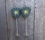 Spider on a Spiderweb Guitar Pick Earrings with Silver Spider Charm Dangles